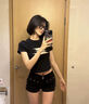 冶芷黑色鉚釘休閑短褲女夏季美式熱辣高腰修身直筒褲緊身熱褲 無(wú)皮帶 微彈高腰熱褲黑色 S 曬單實(shí)拍圖