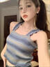 鉑吶苓吊帶背心女2025新款個性修身辣妹條紋短款針織上衣夏款外穿 木耳邊條紋吊帶-藍色 均碼 【建議75-115斤】 曬單實拍圖