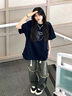 S·J·V·K夏季新款V領(lǐng)蕾絲拼接韓版正肩短袖T恤洋氣衣服女寬松上衣潮設計感 藏青色 L （適合110-130斤） 曬單實(shí)拍圖