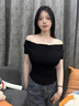 貞喜氣新款夏季女裝 純欲風(fēng)一字肩短袖t恤女設計感上衣修身性感露肩短袖 黑色 均碼 （建議80-100斤） 曬單實(shí)拍圖