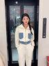 宏資琦休閑褲女裝2025春季新款減齡開衫衣服時尚拼接牛仔休閑運動套裝女 白色 M 曬單實拍圖
