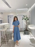棉致牛仔連衣裙女2023夏新款復(fù)古冰絲韓版收腰顯瘦a字裙 深藍(lán)色-腰帶 S 曬單實(shí)拍圖