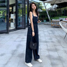 婍妡牛仔背帶褲女減齡2025春新款寬松闊腿直筒高腰大口袋連體工裝長(cháng)褲 深藍色 S 曬單實(shí)拍圖