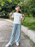 優(yōu)優(yōu)1點(diǎn)（Yoyo one）女童夏季套裝2025新款洋氣兒童短袖牛仔喇叭褲兩件套大童休閑夏裝 18848白藍(lán)+13131藍(lán)色 160 160cm 曬單實(shí)拍圖