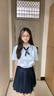 柏潮藍色襯衫上衣+高腰百褶裙套裝女日系學院風甜美減齡jk制服兩件套 藏青色百褶裙 【有安全褲】 XL【建議120-135斤】 曬單實拍圖