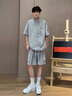 斯睿霖MANRE SHOW夏季薄款透氣運(yùn)動(dòng)套裝扎染短袖工裝短褲套裝情侶裝潮流 灰色 3XL 曬單實(shí)拍圖