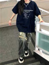 S·J·V·K夏季新款V領(lǐng)蕾絲拼接韓版正肩短袖T恤洋氣衣服女寬松上衣潮設計感 藏青色 L （適合110-130斤） 曬單實(shí)拍圖