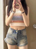 衣然呈品美式復古辣妹牛仔短褲女夏季薄款時(shí)尚做舊高腰顯瘦百搭a字熱褲女藍色M 【建議90-110斤】 曬單實(shí)拍圖