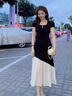 FSHE大碼法式短袖連衣裙女秋季收腰顯瘦拼接長裙微胖MM赫本風(fēng)撞色裙子 黑白色 L (建議100~120斤) 曬單實拍圖