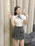 爾山集夏裙套裝學(xué)院風(fēng)短裙連衣裙設(shè)計(jì)感短款泡泡袖襯衫蝴蝶結(jié)半身裙女 上衣+灰色裙子 S 曬單實(shí)拍圖