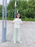NICKYBABY女童夏裝套裝2025新款洋氣兒童時尚夏款多巴胺穿搭女大童夏季短袖 15038綠色+18970米色 160 cm 曬單實拍圖