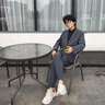 栗譜西服套裝男休閑韓版正裝高級感英倫結婚伴郎禮服垂感潮流西裝外套 灰藍色【三件套】西服+西褲+T恤 XL(130-150斤) 曬單實(shí)拍圖