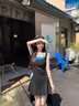 伊琦蕾（YIQILEI）氣質(zhì)不規(guī)則花邊拼接掛脖吊帶連衣裙女夏收腰A字短裙假兩件針織裙 黑色拼藍(lán)/BlacK/【氣質(zhì)】 XS 【建議70-80斤】 曬單實(shí)拍圖