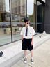 艾卡諾 I.KARNOW男童西裝套裝兒童學院風禮服男孩生日襯衫小學生大童演出服裝夏秋 3697白襯衫+3233黑短褲+6100領帶 120 曬單實拍圖