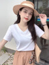 莫代爾氣質(zhì)竹節棉多色高檔t恤女短袖2026夏季新款別致V領(lǐng)純色百搭上衣女 茶花白 L 曬單實(shí)拍圖