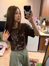 玖姿·安娜蔻【瞬涼】休閑簡約海洋印花冰感棉短袖T恤女2025夏新款 咖啡 M 曬單實拍圖