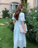 唐思薇學(xué)生連衣裙女2025夏裝藍(lán)色少女甜美學(xué)院風(fēng)洋氣高腰過(guò)膝泡泡袖長(zhǎng)裙 淺藍(lán)色 M (90-100斤) 曬單實(shí)拍圖