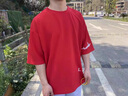 籬人歸涂鴉重磅百搭T恤男士夏季潮牌大碼寬松潮流青少年七分袖痞帥衣服 紅色 L 115至130斤可穿 曬單實(shí)拍圖
