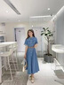 棉致牛仔連衣裙女2023夏新款復(fù)古冰絲韓版收腰顯瘦a字裙 深藍(lán)色-腰帶 S 曬單實(shí)拍圖