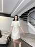 法曼萱（FAMANXUAN）白色法式小香風(fēng)連衣裙女夏新款高級(jí)感收腰拼接百褶長裙 香檳鎏金米 S 160/84A 曬單實(shí)拍圖