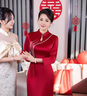 紫魅俏新款婚禮媽媽裝連衣裙女高端氣質(zhì)喜婆婆婚宴裝改良旗袍中老年禮服 亮酒紅色【七分袖】 M (建議105斤以下) 曬單實(shí)拍圖