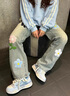 POUM 美式刺繡花朵小眾牛仔褲男士秋季高街寬松直筒休閑牛仔長(cháng)褲子 DFFS-761藍色 XL 曬單實(shí)拍圖