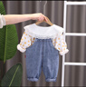 可歆寶貝童裝女童兩件套洋氣兒童衣服嬰兒2024春秋裝小童寶寶背帶褲套裝潮 粉色（小碎花背帶褲套裝） 90 碼建議1-2歲（身高85左右） 曬單實(shí)拍圖