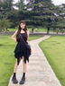 世希大碼女裝黑色吊帶連衣裙女夏季性感裙子胖mm遮肚顯瘦不規則A字裙 不規則裙子(配綁帶玫瑰花) L (建議100~120斤) 曬單實(shí)拍圖