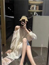 FSHE夏季燈籠袖掛脖露肩掛脖連衣裙女寬松仙女可愛氣質(zhì)穿搭海邊A字裙 杏色 【版】 L 曬單實拍圖