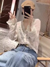 FSHE法式V領(lǐng)鏤空鉤花喇叭袖蕾絲開(kāi)衫襯衣女春夏時(shí)尚洋氣寬松顯瘦上衣 圖片色 L 105-115斤 曬單實(shí)拍圖