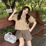 FSHE小眾短袖襯衫女夏設計感法式設計抽繩鏤空短款上衣百搭甜美襯衣 卡其色 L 曬單實(shí)拍圖
