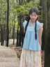 DGOV2026新款新中式國風(fēng)甜美盤(pán)扣刺繡小飛袖夏季薄款襯衫T恤女 藍色襯衫（zt） S 建議80-90斤 曬單實(shí)拍圖