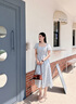 lagogo法式方領(lǐng)蝴蝶結(jié)印花連衣裙女拉谷谷2025夏新款柔軟透氣裙子 藍(lán)灰 M 曬單實(shí)拍圖