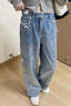 設計感蝴蝶結燙鉆牛仔褲女春秋2025新款寬松美式直筒拖地闊腿褲夏 藍色 M 曬單實(shí)拍圖