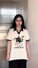 真維斯（JEANSWEST）短袖t恤女裝夏季2025新款爆款poloV領(lǐng)衫正肩撞色寬松純棉翻領(lǐng)上衣 米色 疑問小貓黑 L 曬單實拍圖