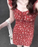爾山集海邊度假小個子紅色吊帶碎花連衣裙子女夏季2025新款多巴胺掐腰裙 紅色 L 曬單實拍圖