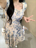 AEMAPE法式方領(lǐng)藍(lán)色雪紡碎花連衣裙女夏季2025新款高腰收腰顯瘦中長裙女 藍(lán)色雪紡碎花 L 100-110斤 曬單實(shí)拍圖
