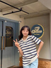 DGOV2025韓版寬松條紋短袖t恤女夏休閑復(fù)古港味刺繡上衣打底衫潮 藍(lán)色 M 建議101-115斤 曬單實(shí)拍圖