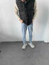 地潮男韓版休閑牛仔褲子男春夏季新款青少年潮流百搭修身小直筒九分褲男 黑灰色【顯高松緊腰抽繩】 S 曬單實(shí)拍圖
