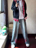 楠笙記美式條紋工裝牛仔褲男士潮牌新款寬松直筒闊腿高街痞帥休閑長(zhǎng)褲子 藍(lán)色 XL 曬單實(shí)拍圖