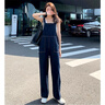 婍妡牛仔背帶褲女減齡2025春新款寬松闊腿直筒高腰大口袋連體工裝長(cháng)褲 深藍色 S 曬單實(shí)拍圖
