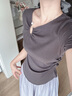 香影灰色正肩t恤女短袖2025夏裝新款體恤高級感顯瘦獨特漂亮上衣 深灰 S 155/80A/85-95斤 曬單實(shí)拍圖