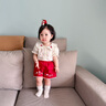 幼歌（YOUGE）嬰幼繡花娃娃領(lǐng)泡泡袖短袖襯衫甜美上衣 紅色短褲 90 cm 曬單實(shí)拍圖