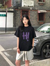 WHIM NASA夏季純棉落肩短袖T恤男新款韓版潮牌圓領(lǐng)印花百搭休閑半袖打底衫 黑色 XL 曬單實(shí)拍圖
