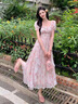 艾柔丹夏天法式碎花連衣裙女裝夏裝收腰顯瘦仙女長裙子女夏季2025新款 粉色 M 曬單實拍圖