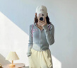 CHUU字母刺繡針織短外套女2025年冬季新品連帽拉鏈撞色開衫短上衣 淺灰 均碼 曬單實(shí)拍圖