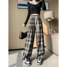 尚濤格子休閑褲女春夏季女裝新款寬松休閑高腰直筒薄款拖地闊腿長(cháng)褲子 黑色格子 6XL建議155-170斤 曬單實(shí)拍圖