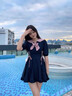 CEENIU少女泳衣女夏季分體保守短袖學(xué)生可愛(ài)日系翻領(lǐng)可愛(ài)蝴蝶結游泳衣 黑粉色 均碼 （建議80-120斤） 曬單實(shí)拍圖