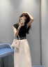 唐菓蜜連衣裙女裝夏季2025新款韓版時尚百搭減齡鹽系小香風(fēng)顯瘦套裝裙子 黑色上衣+白色裙子（送腰帶） M 曬單實拍圖