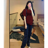 即勢美式復(fù)古酒紅色短袖t恤男女夏季新款潮流薄款純棉重磅情侶上衣ins 酒紅色A5312-HLFS XL 【建議130斤-150斤】 曬單實拍圖